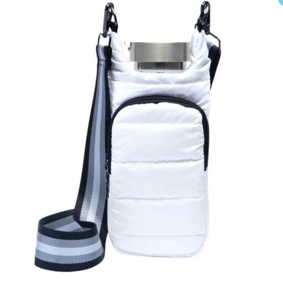 White Quilted Crossbody Bag with Striped Strap. Water bottle bag - Picture 1 of 10